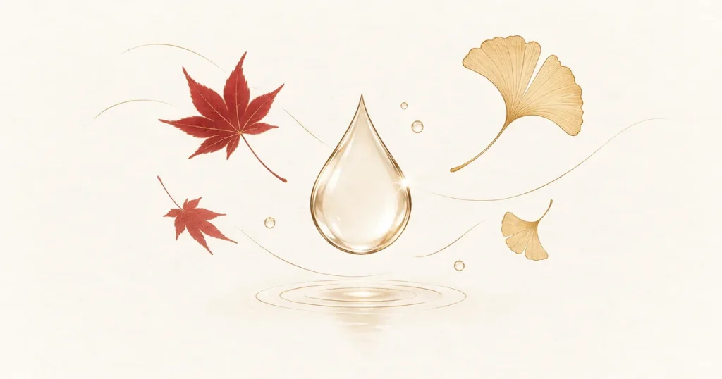 秋の落ち葉と水滴のイラスト